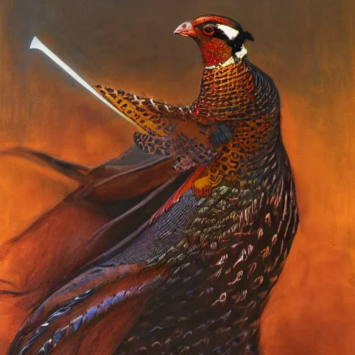 Image similar to a pheasant is girded with a belt, a sword hangs on the belt, by lily seika jones , rivuletpaper art, top cinematic lighting, cinematic mood, very detailed, shot in canon, by Viktor Vasnetsov, oil painting, harsh fairy tale, soft style, hyperrealism, beautiful, high resolution, trending on artstation,