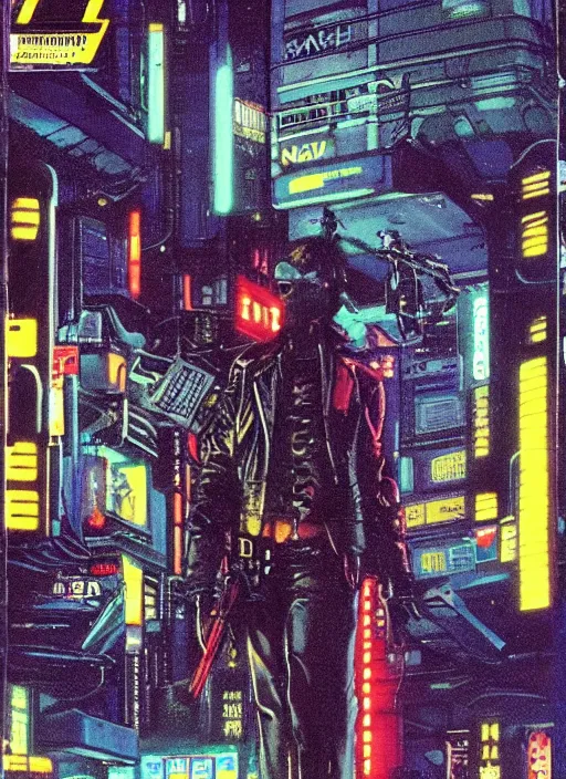 Image similar to 1979 OMNI Magazine Cover of a raven hacker punk in street level neo-Tokyo in cyberpunk 2020 style by Vincent Di Fate