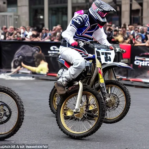 Prompt: trump riding motocross bike without wearing a helmet in new york doing a wheelie