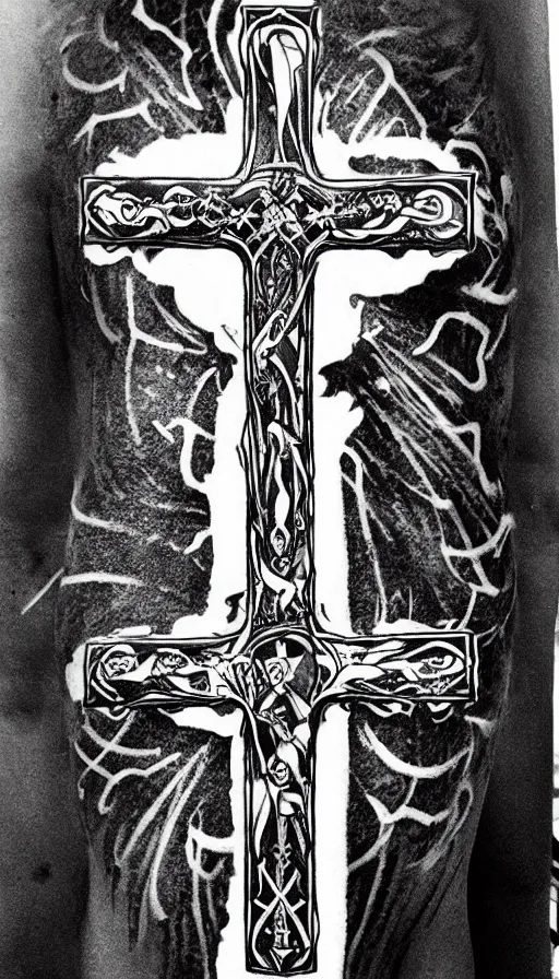 Prompt: tattoo art, gothic cross with a sky background, white and black