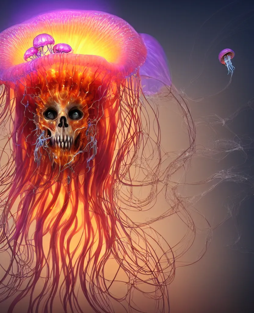 Image similar to close-up portrait of the face of a beautiful princess in a twisted flowers jellyfish mask surrounded by energy flow, epic angle and pose, symmetrical artwork, 3d with depth of field, blurred background, floating jellyfish skull phoenix bird, translucent, nautilus, energy flows of water and fire. a highly detailed epic cinematic concept art CG render. made in Maya, Blender and Photoshop, octane render, excellent composition, cinematic dystopian brutalist atmosphere, dynamic dramatic cinematic lighting, aesthetic, very inspirational, arthouse. y Greg Rutkowski, Ilya Kuvshinov, WLOP, Stanley Artgerm Lau, Ruan Jia and Fenghua Zhong