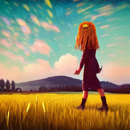 Image similar to giant daisy flowers as a head, girl walking in wheat field, hills, surreal photography, dark night, star trails, impressionist painting, dramatic clouds, digital painting, artstation, simon stalenhag