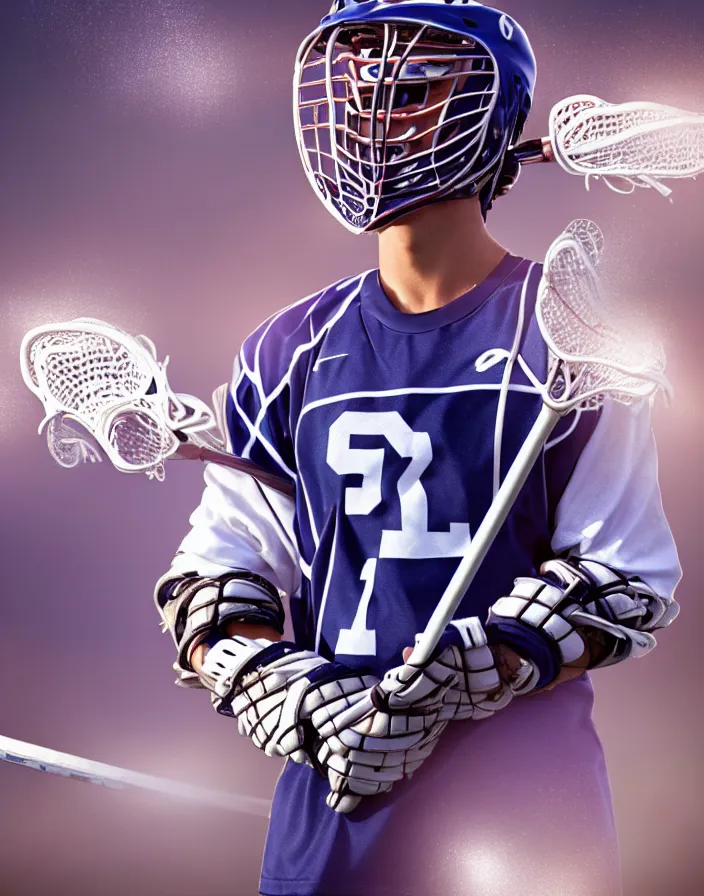 Image similar to closeup portrait of very beautiful cute male lacrosse player in a penn state stadium, glamour pose, particle effects, backlit, highly detailed, soft ambient lighting, sharp focus, rule of thirds, artgerm, wlop, arney freytag, rossdraws, frank frazetta, andrei riabovitchev, hd, octane, 4 k