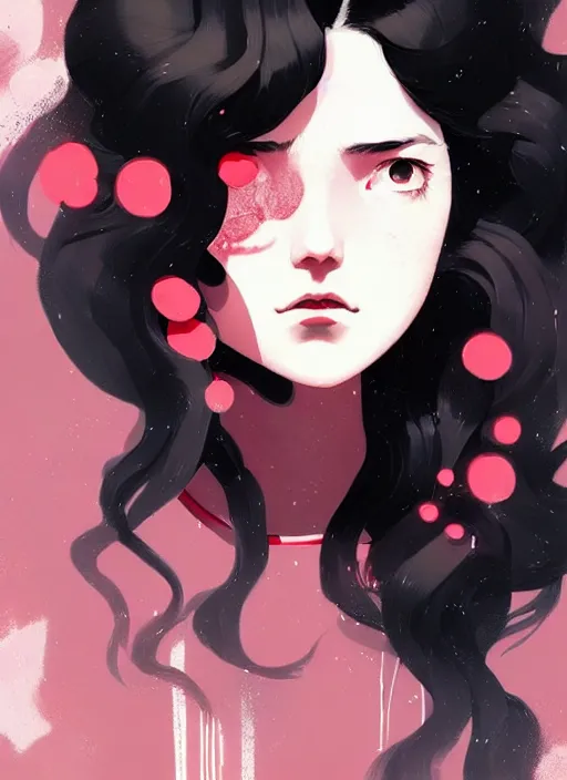 Image similar to highly detailed closeup portrait of beautiful, long black hair teen girl, wavy hair, red dress by atey ghailan, by greg rutkowski, by greg tocchini, by james gilleard, by joe fenton, by kaethe butcher, gradient pink, black and white color scheme, grunge aesthetic!!! ( ( graffiti tag wall background ) )