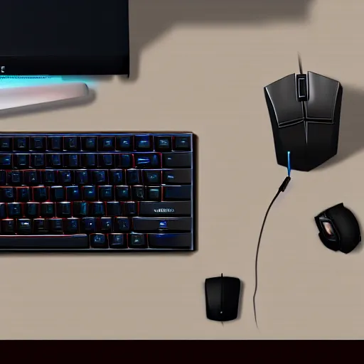 Prompt: top down photo of a desk with a gaming keyboard and gaming mouse on, photorealistic