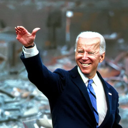 Image similar to archival photograph of joe biden standing over destruction and laughing with his hands in the air