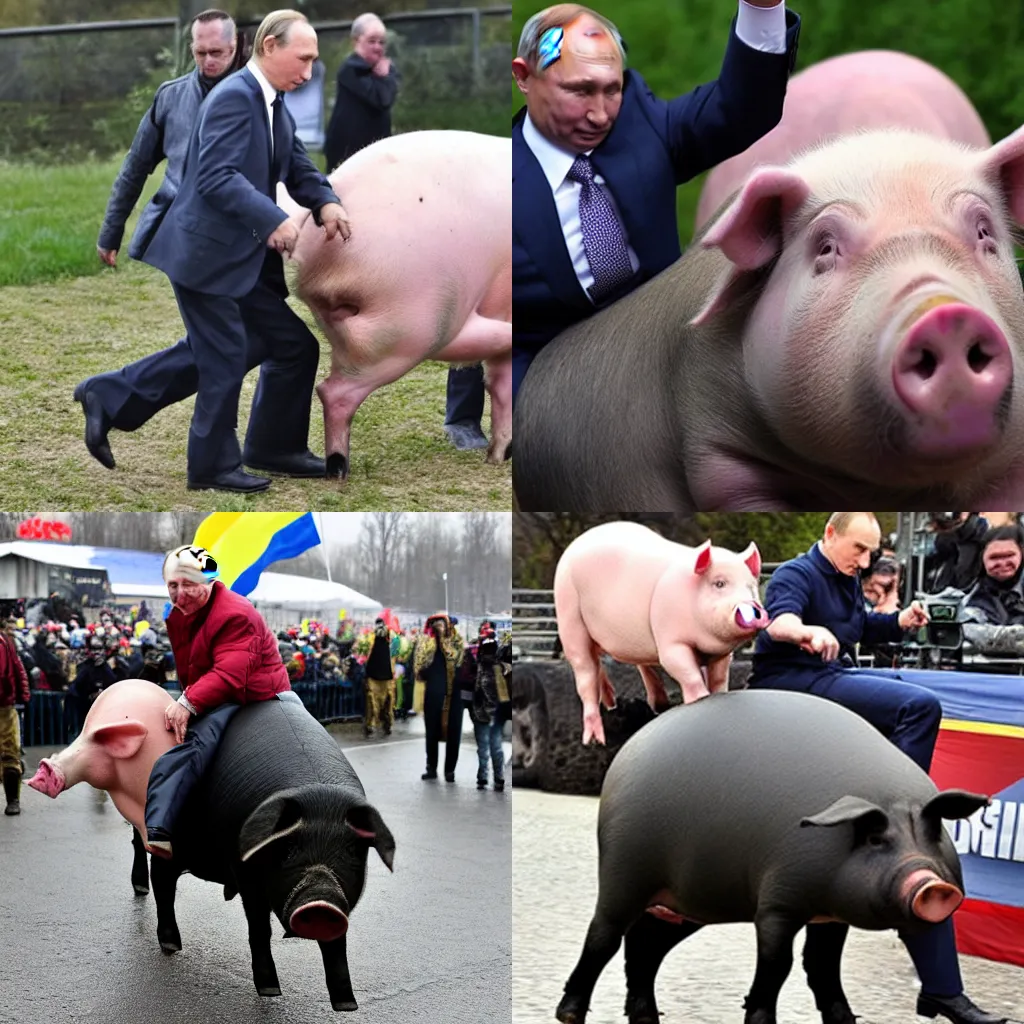 Prompt: vladimir putin riding a pig to ukraine