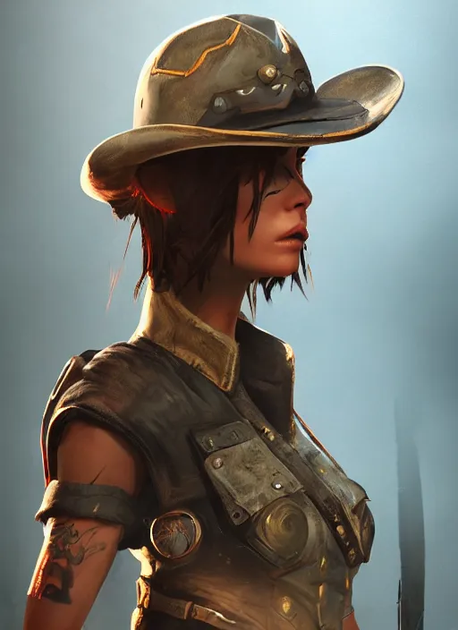 Prompt: A comic book style portrait painting of a cool female ranger wearing a cowboy hat in a post apocalyptic setting, unreal 5, DAZ, hyperrealistic, octane render, RPG portrait, dynamic lighting