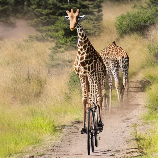 Image similar to An action photo of a giraffe with old school brown pilot goggles riding mountainbike, fast towards the camera, motion blur, high detail, wide shot