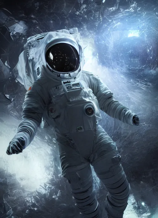 Image similar to concept art by craig mullins astronaut in futuristic dark and empty spaceship underwater. infrared glowing lights. complex and hyperdetailed technical suit. reflection and dispersion materials. rays and dispersion of light. volumetric light. 5 0 mm, f / 3 2. noise film photo. flash photography. unreal engine 4, octane render. interstellar movie art