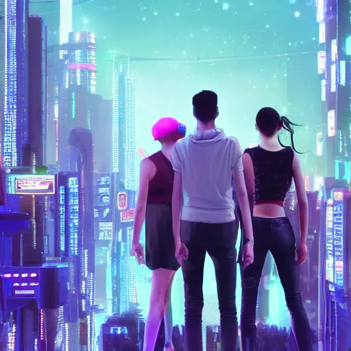 Prompt: photo of teenagers traveling between multiverses in cyberpunk future city