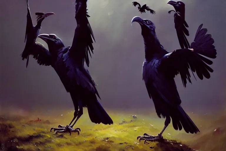 Prompt: raven birds expressively dancing by otto dix and greg rutkowski and andreas rocha, cinematic lighting, highly detailed, warm colours, 4 k
