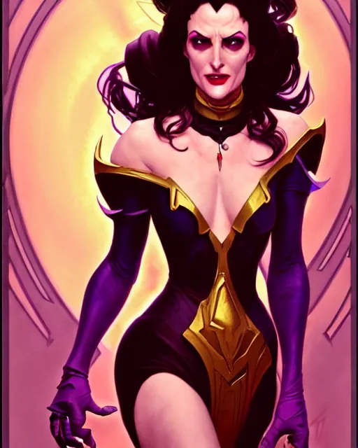 Image similar to winona ryder as scream queen, supervillain, villainess, comic cover painting, masterpiece artstation. 8 k, sharp high quality artwork in style of wayne reynolds, alphonse mucha, greg rutkowski, and don bluth, concept art by jack kirby, blizzard warcraft artwork, hearthstone card game artwork