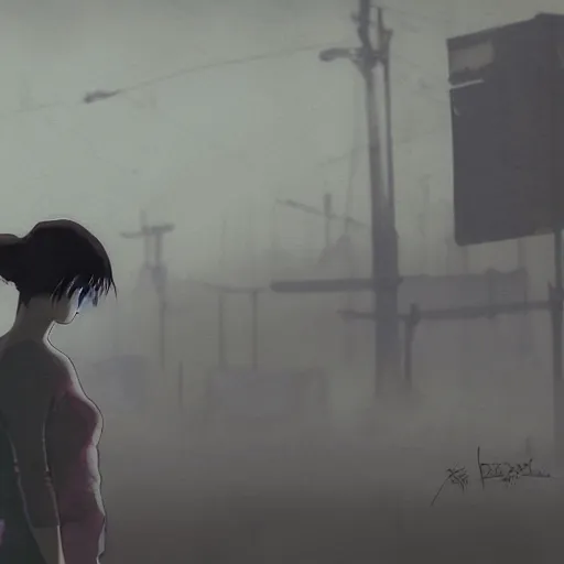 Prompt: incredible wide screenshot, ultrawide, simple watercolor, rough paper texture, ghost in the shell movie scene, backlit distant shot of girl, bold graphic graffiti, bright sun bleached ground, mud, fog, dust, windy, pale beige sky, junk tv, texture, dust, tangled overhead wires, telephone pole, dusty, dry, pencil marks, genius party, A master piece of storytelling, shinjuku, koji morimoto, katsuya terada, masamune shirow, tatsuyuki tanaka hd, 4k, remaster, dynamic camera angle, deep 3 point perspective, fish eye, dynamic scene