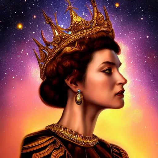 Prompt: a realistic digital painting of a queen looking over the milky way, wearing an ornate crown, dramatic lighting, serious expression, 4K, HD, detailed, epic, artstation, beautiful, amazing, eyes, facial features,