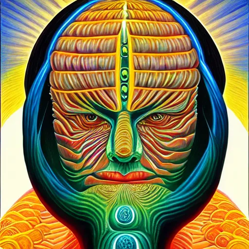 Image similar to Alex Grey painting of a lemon god, highly detailed, symmetrical, trending on artstation