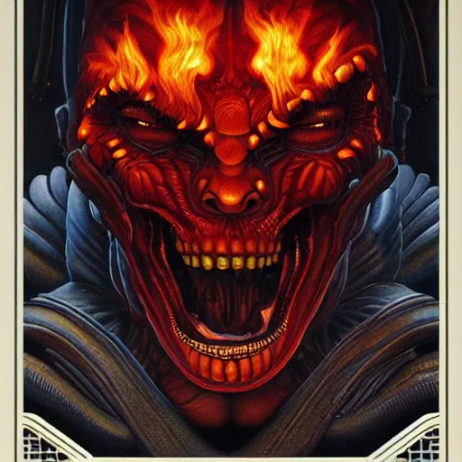 Prompt: doom demon giger portrait, fire and flame, Pixar style, by Tristan Eaton Stanley Artgerm and Tom Bagshaw.