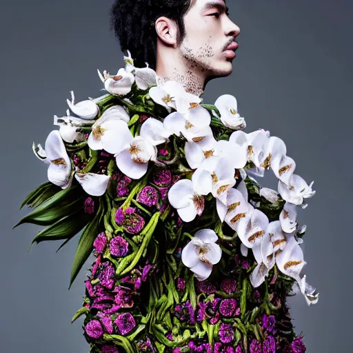 Image similar to a portrait of a beautiful young male wearing an alexander mcqueen armor made of orchids , photographed by andrew thomas huang, artistic