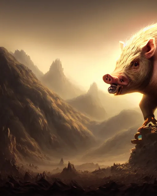 Image similar to Giant Hog looking at mouse, medium shot, fear, D&D, artstation, fantasy, magic the gathering artwork, cinematic lighting, centered, symmetrical, highly detailed, digital painting, , concept art, smooth, sharp focus, illustration, volumetric lighting, epic Composition, 8k, art by Akihiko Yoshida and Greg Rutkowski and Craig Mullins, oil painting, cgsociety