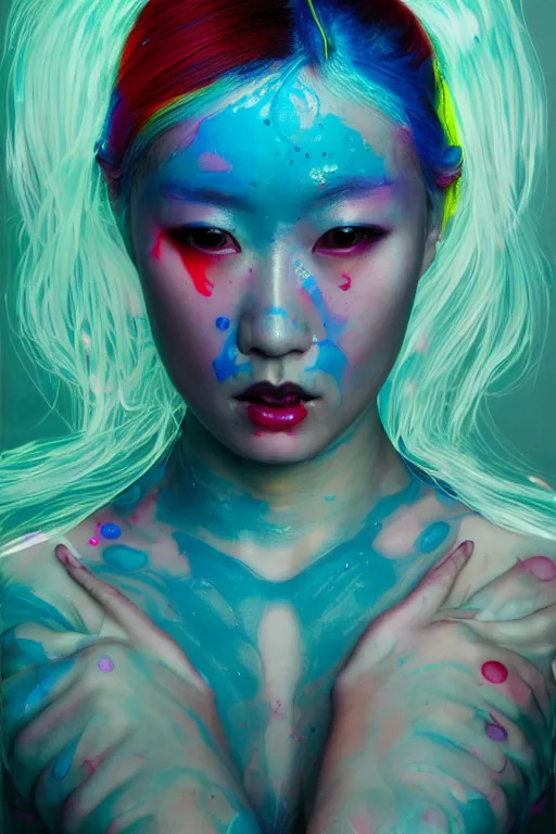 Image similar to hyperrealistic photography of a gorgeous girl pouring multicolored luminescent paint on her head in the style of jin kagetsu, james jean, chris cunninham, hans bellmer and wlop, highly detailed, face symmetry, masterpiece, award - winning, sharp focus, intricate concept art, ambient lighting, 8 k, artstation