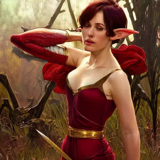 Image similar to statuesque elf resting, short hair, red and gold clothes, sharp focus, intricate, smooth, ultra realistic digital art, d & d, high fantasy, pointed ears, elegant, by artgerm, greg rutkowski, raymond swanland, alphonse mucha