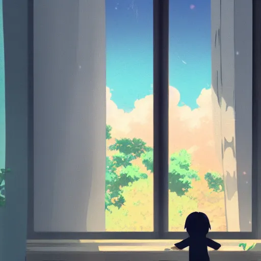 Image similar to A lonely child cries because it has no friends, Makoto Shinkai style, interior, sunset out the window