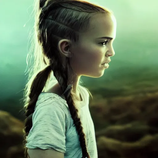 Image similar to crying little girl on the mountain of skull, sadness, natalie portman, pigtails hairstyle, dark fantasy, backlit, detailed and intricate environment