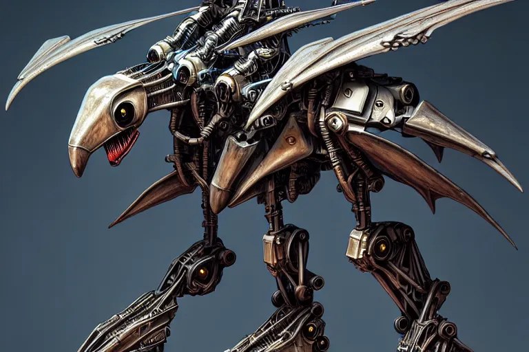 Image similar to pterodactyl in a winged cyborg mech suit, by alexandre ferra, zezhou chen, peter gric, mohamed reda and hr giger, hyper detailed line art, screen print, character concept art, realistic, coherent, octane render, zbrush central, behance hd, hypermaximalist