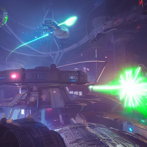 Image similar to clockwork spacestation shooting green lasers, unreal engine, fantasy art