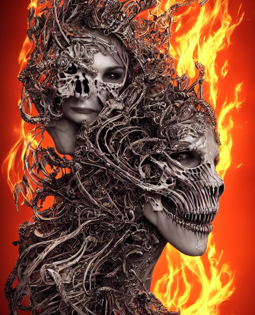 Image similar to close-up macro portrait of the face of a beautiful princess with animal skull mask, epic angle and pose ribcage skeleton, symmetrical artwork, 3d with depth of field, blurred background, cybernetic jellyfish female face skull phoenix bird, translucent, nautilus, energy flows of water and fire. a highly detailed epic cinematic concept art CG render. made in Maya, Blender and Photoshop, octane render, excellent composition, cinematic dystopian brutalist atmosphere, dynamic dramatic cinematic lighting, aesthetic, very inspirational, arthouse. y Greg Rutkowski, Ilya Kuvshinov, WLOP, Stanley Artgerm Lau, Ruan Jia and Fenghua Zhong