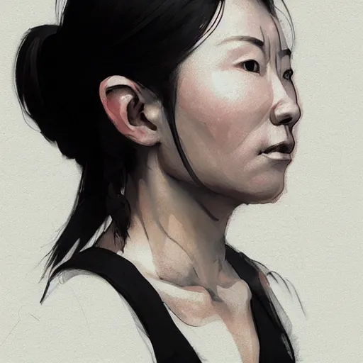 Image similar to portrait of a short muscular Japanese woman with a short ponytail wearing a gray t shirt and a work apron, dramatic lighting, illustration by Greg rutkowski, yoji shinkawa, 4k, digital art, concept art, trending on artstation