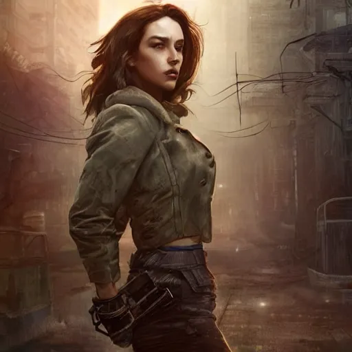 Prompt: fallout 5, charismatic beautiful rugged brunette female protagonist, portrait, outdoors ruined cityscape, atmospheric lighting, painted, intricate, volumetric lighting, beautiful, daytime, slight overcast weather, sharp focus, deep colours, ultra detailed, by leesha hannigan, ross tran, thierry doizon, kai carpenter, ignacio fernandez rios