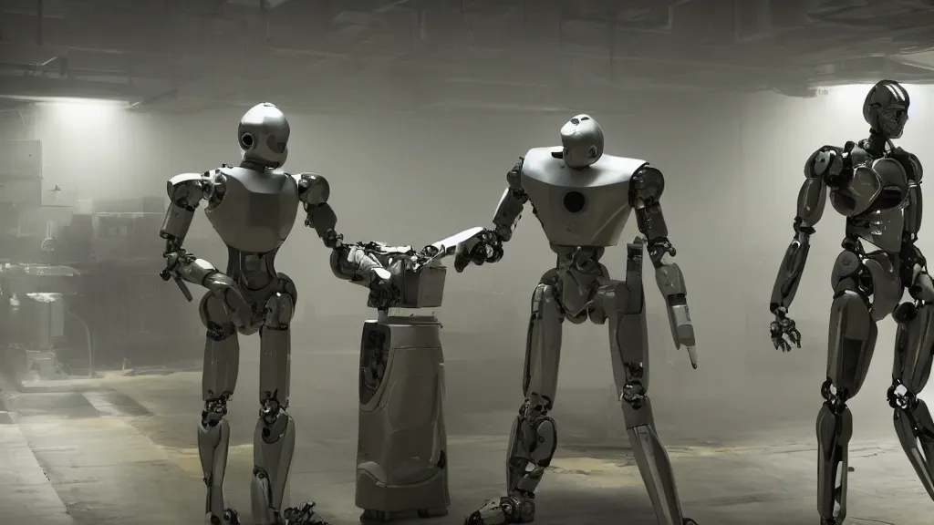 Image similar to robots debating AI ethics, movie still, cinematic composition, cinematic light, criterion collection, re imagined by industrial light and magic, Movie by Andrzej Żuławski