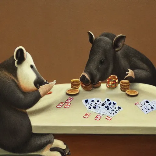 Prompt: A painting of tapirs playing poker.