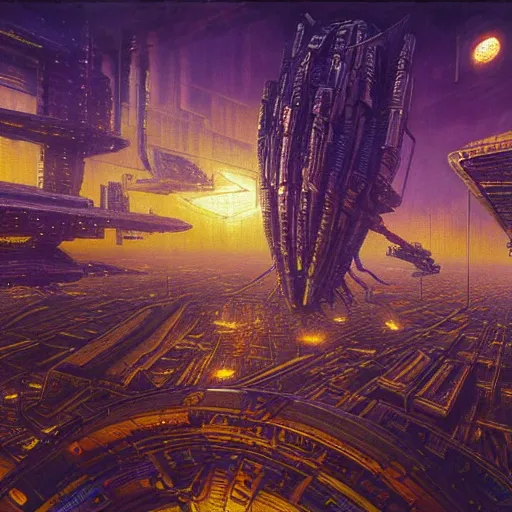 Image similar to cyberpunk starship hovering city, atmospheric lighting, painted, intricate, golden hour and purple, ultra detailed by peter gric, giger, enki bilal