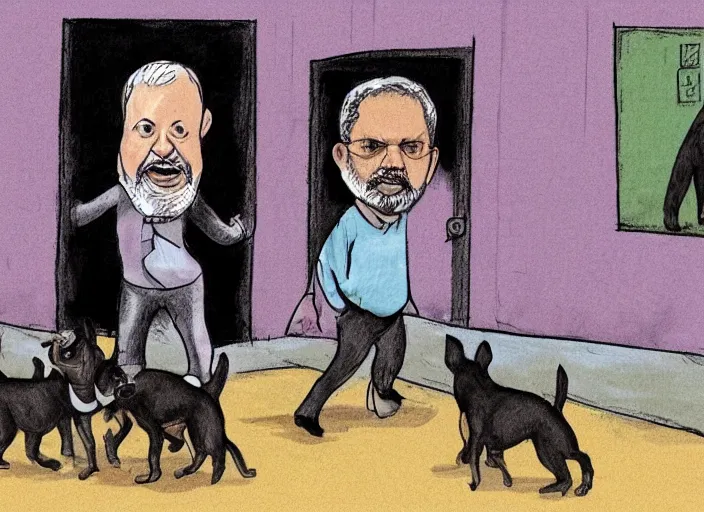 Image similar to Luis Inácio Lula da Silva with prison clothes, running scared from dogs, cartoon drawing