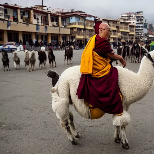 Image similar to photograph of the dalai lama riding a llama in lima