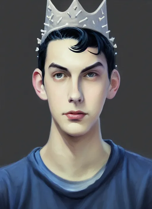 Image similar to portrait of teenage jughead jones wearing a light grey crown, crown, hamburger background, eyes closed, crown, black hair, intricate, elegant, glowing lights, warm lighting, highly detailed, digital painting, artstation, concept art, smooth, sharp focus, illustration, art by wlop, mars ravelo and greg rutkowski