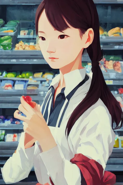 Image similar to a photography of a woman Grocer with frock,looks like Ziyi Zhang ponytail, grocery store around，winter,anime style character, clean soft lighting, backlit beautiful face, Oil painting, by Ilya Kuvshinov, Greg Rutkowski and Makoto Shinkai