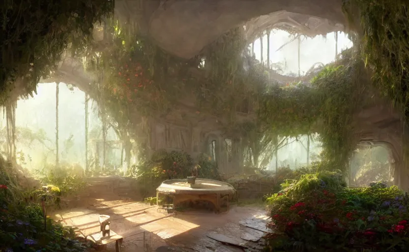 Image similar to painting of an interior of a hidden ring - shaped living quarters overlooking the great room, well maintained, clean, lush plants and flowers, other bedrooms can be seen, natural light, fantasy, natural light, concept art, by greg rutkowski and craig mullins, cozy atmospheric and cinematic lighting, trending on artstation