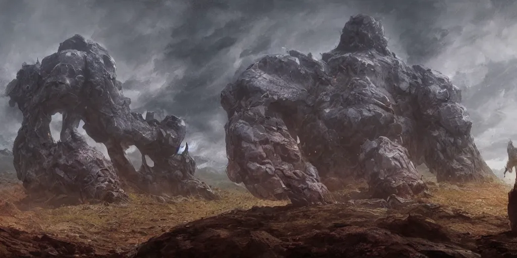 Prompt: concept art of a giant bulky stone titan, day time, foreboding, fantasy, field, wayne barlowe