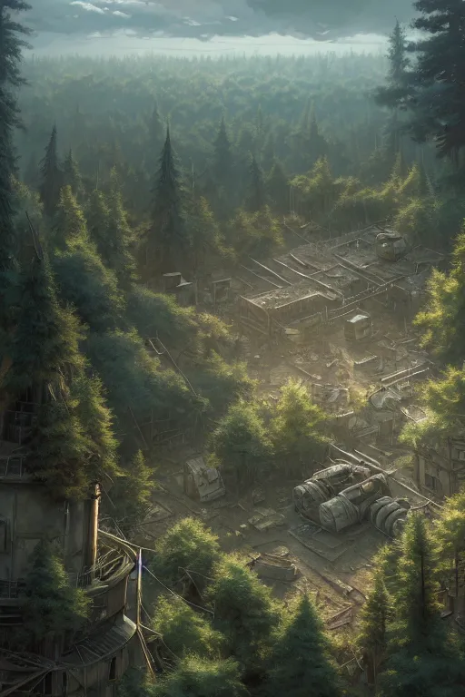 Image similar to a highly detailed matte painting of a post - apocalyptic military encampment in the forest aerial view, by studio ghibli, makoto shinkai, by artgerm, by wlop, by greg rutkowski, volumetric lighting, octane render, 4 k resolution, trending on artstation, masterpiece