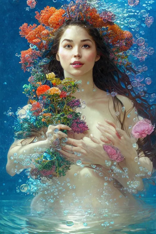 Image similar to portrait of a beautiful mysterious woman holding a bouquet of flowing flowers, small bubbles from her mouth, hands hidden under the bouquet, submerged underwater filled with colorful small fish and coral reef, fantasy, regal, intricate, by stanley artgerm lau, greg rutkowski, thomas kindkade, alphonse mucha, loish, norman rockwell