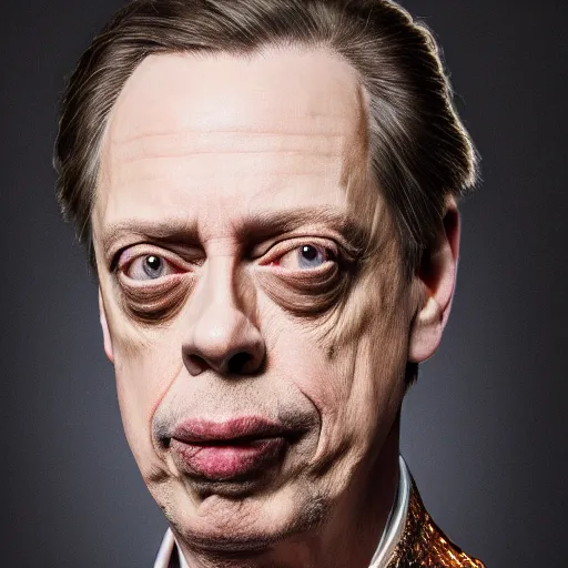 Prompt: 8 5 mm f 1. 8 portrait of steve buscemi wearing an ornate costume by iris van herpen, highly detailed, digital painting, artstation, smooth, sharp foccus, commercial photography, fashion shoot