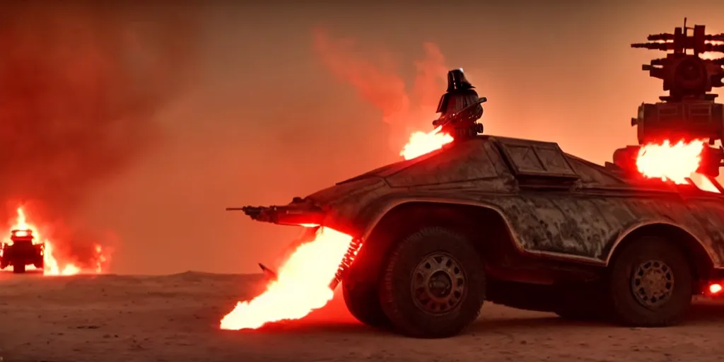 Prompt: a symmetrical, medium shot of Darth Vader standing on a driving armored post apocalyptic battle car in the desert and firing a flamethrower, Mad Max Fury Road, film still, sandstorm, fire, highly realistic, center frame, spikes, flags, dust, 4K anamorphic, sun beams