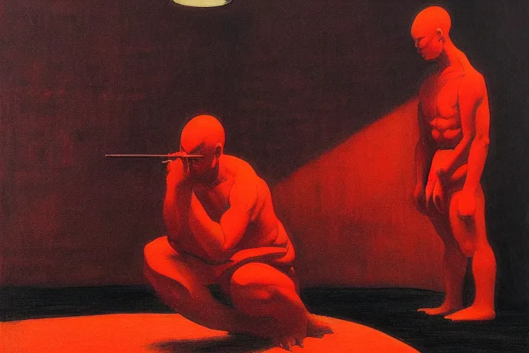 Image similar to only with red, a red samurai do seppuku, tokio, a lot of frogs watch, in the style of beksinski, parts by edward hopper, parts by rodcenko, parts by yue minjun, intricate and epic composition, red by caravaggio, insanely quality, highly detailed, masterpiece, red light, artstation, 4 k