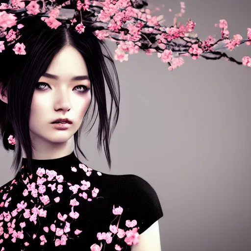 Image similar to beautiful girl in a dress made of black roses and cherry blossoms, beautiful portrait, symmetrical, character concept style trending on artstation concept art detailed octane render cinematic photo - realistic 8 k high detailed