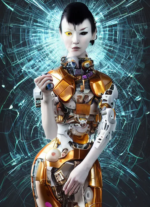 Prompt: portrait of a futuristic geisha cyborg walking in a digital storm with lens flairs, in the style of ghost in the shell, kintsugi, modern fine art, fractal, intricate, elegant, highly detailed, digital photography, subsurface scattering, by david la chapelle,