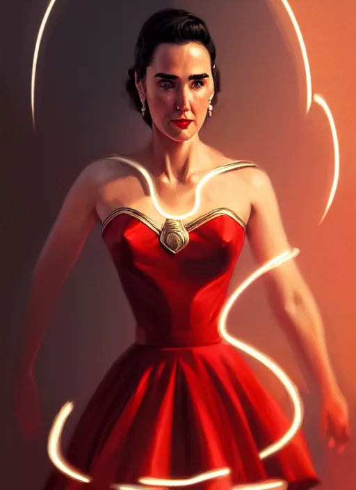 Image similar to portrait of 1 9 5 0 s darna, jennifer connelly, intricate, elegant, glowing lights, highly detailed, digital painting, artstation, glamor pose, concept art, smooth, sharp focus, illustration, art by wlop, mars ravelo and greg rutkowski