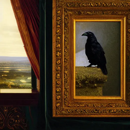 Prompt: a beautifully photoreal clear detailed victorian portrait of a close up raven on a victorian sill with an ornate velvet teal curtain at beautiful sunset daytime nature sunlit painting by frederic leighton and turner and rosetti, 8 k, octane render